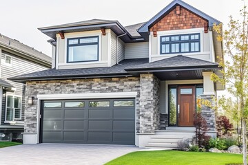 Modern Double Garage Aesthetic House with Natural Stone Embellishments and Light Gray Siding, generative AI