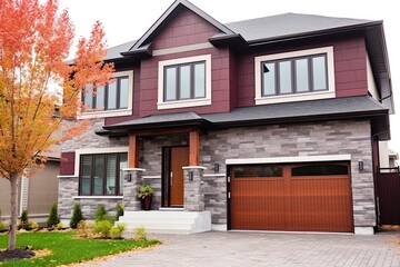Fototapeta na wymiar Burgundy Siding and Natural Stone Embellishments Highlight Modern Aesthetic in this New Construction House with Double Garage, generative AI