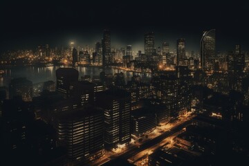 Illustration depicts city at night with black and gold colors. Generative AI