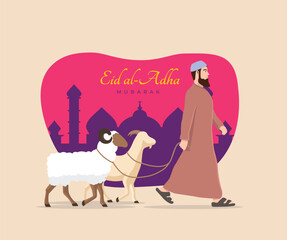 An illustration of a man walking with a sheep and a goat eid al - adha vector template