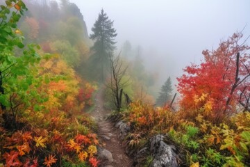 autumn forest hike with view of colorful leaves and misty morning fog, created with generative ai