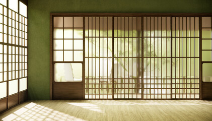 Green hallway Clean japanese minimalist room interior.
