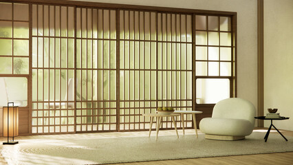 Minimalist japandi style living room decorated with sofa.