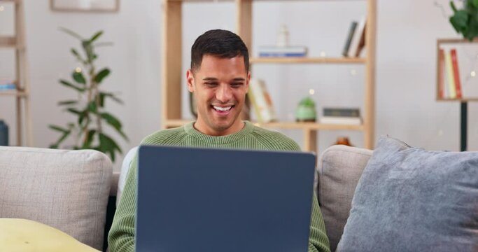 Laptop, celebration and happy man in home for success, lottery and winning competition online. Good news, computer and excited guy cheering for website achievement, applause and lotto prize winner