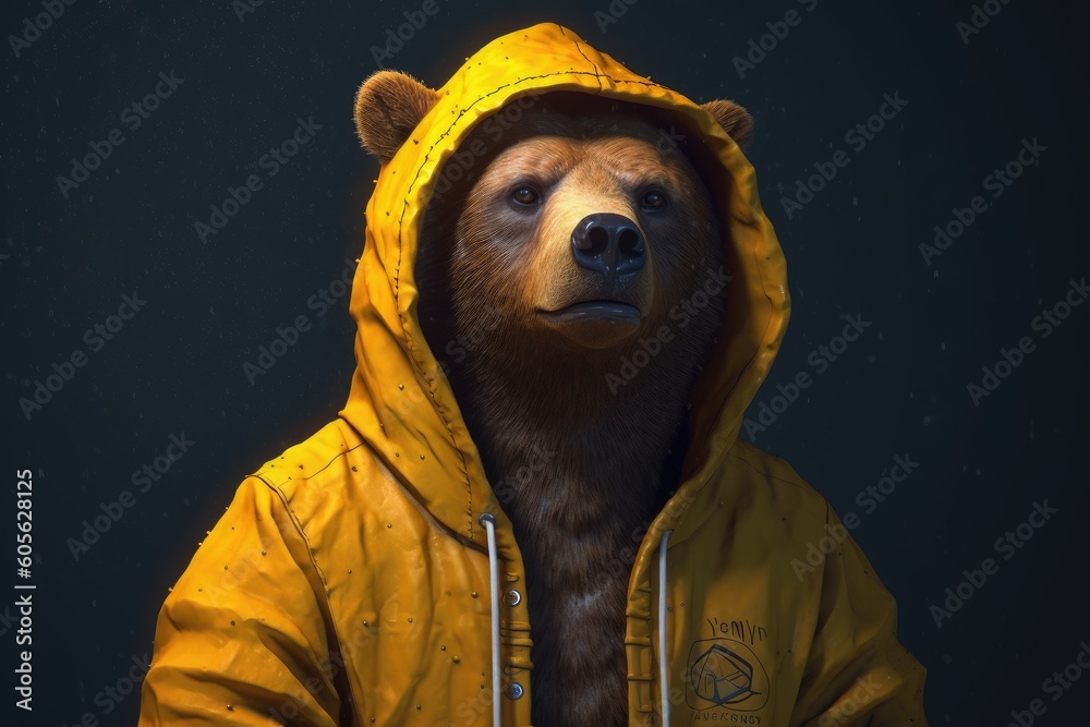 Wall mural Beautiful and charming illustration of a brown bear wearing a yellow raincoat on a plain-colored background. Generative AI - Wall murals