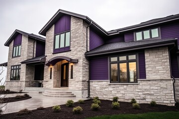Fototapeta na wymiar Modern aesthetic double garage house with natural stone embellishments and eye-catching purple siding, generative AI