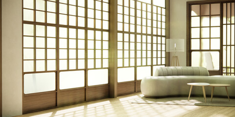 Minimalist japandi style living room decorated with sofa.