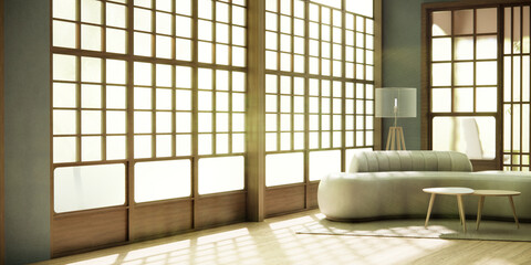 Minimalist japandi style living room decorated with sofa.