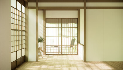 the hallway Clean japanese minimalist room interior, 3D rendering