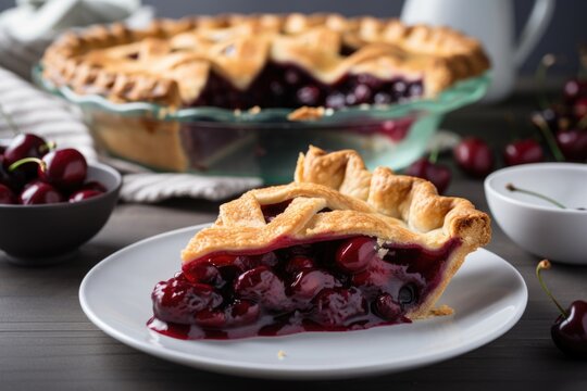 cherry pie on a white plate with slice cut out for serving, created with generative ai