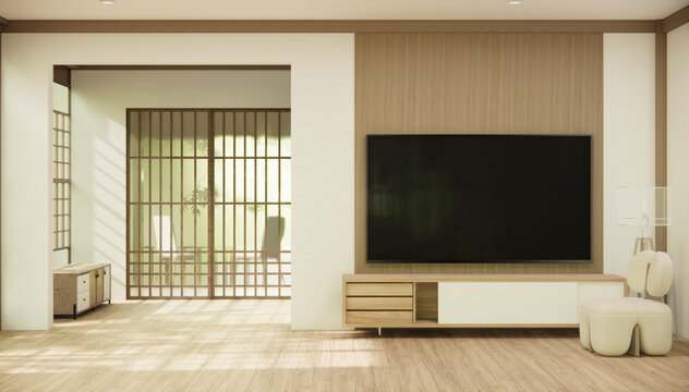 cabinet in hallway Clean japanese minimalist room interior.