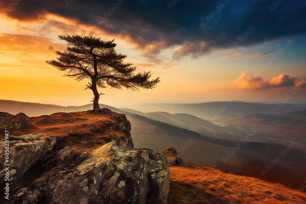 Wall mural A lone tree on top of a mountain at sunset