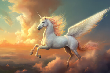 Naklejka na ściany i meble a white Pegasus flying in the air, generative AI