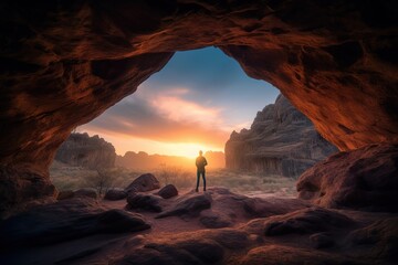 A man standing in a cave at sunset