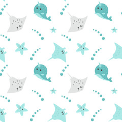 Seamless pattern with cute cartoon sea animals. Pattern with sea elements for kids clothes, pajamas, t-shirt, diapers. Cover for note, book. Vector illustration for textile, cloth, fabric.