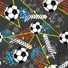 Abstract seamless grunge pattern for boys, sketch drawn of soccer ball, boots, skateboard, sneakers, record player, text.