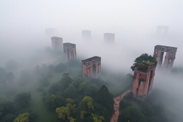 ancient ruins with misty atmosphere, captured with drone, created with generative ai