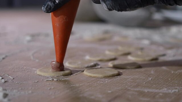 Close-up hand in gloves squeezing ground meat from cooking syringe on row of round dough circles. Closeup unrecognizable Caucasian female cook preparing dumplings ingredients in kitchen
