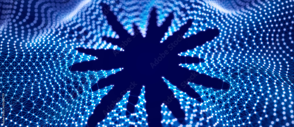 Poster Wave of bright connected dots and lines. Abstract dynamic wave of many points. Digital background. 3D rendering.