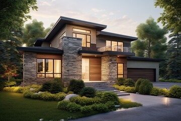 Avant-Garde Layout and Natural Stone Entrance: A Cosmopolitan Home with Green Siding and Single Car Garage, generative AI