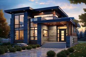 Avant-Garde Layout and Natural Stone Entrance Highlight Cosmopolitan Home with Navy Blue Siding and Single-Car Garage , generative AI