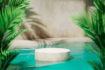 Tropical summer background with concrete podium in pool water and palm leaf shadow. Luxury hotel resort exterior for product placement. Cylinder stand in resort hotel villa poolside. - 605630169