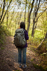 休日の初夏の森でハイキングを楽しむ30代日本人女性