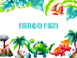Watercolor Tropical Prehistoric Land Vector Card Template © Farissa