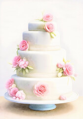Romantic four tiered wedding cake, with pastel pink rose flowers, on a blue stand. Watercolour style with paint splatters and white background. Generative AI