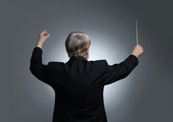 Professional conductor with baton on grey background, back view