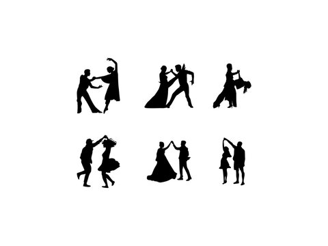 Dancing couple silhouettes. Set of vector silhouettes of spanish, latin american and ballroom dancers. Vector illustration. Vector silhouette of couple dancing ballroom dance in various poses.