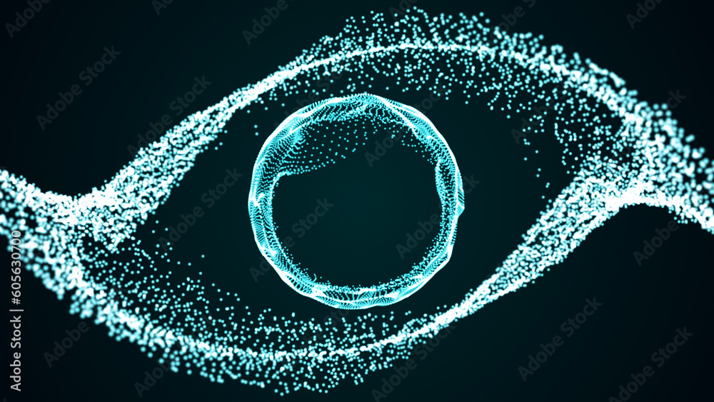 Poster Smooth abstract gradient dynamic wave of many glowing particles with a sphere inside. Network of neon dots. Big data. Digital background. 3d rendering