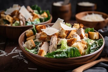 bowl of chicken caesar salad, topped with croutons and shaved parmesnerecipe, created with generative ai - obrazy, fototapety, plakaty