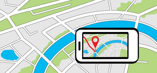 Mobile map with pin pointers. Smart phone, navigation or navigator, maps, road, direction. Pins, points mark. Pointer or point trekking route. track en trace city, street map. Markers, locator, urban.