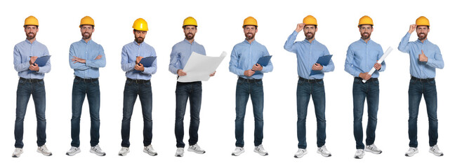 Photos of engineer with hardhat and clipboard on white background, collage design