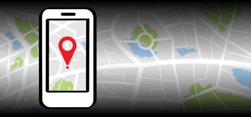 Mobile map with pin pointers. Smart phone, navigation or navigator, maps, road, direction. Pins, points mark. Pointer or point trekking route. track en trace city, street map. Markers, locator, urban.
