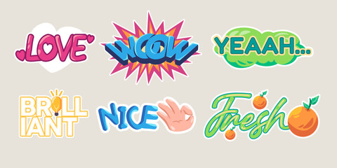 Love wow nice fresh brilliant yeah object set collection drawing illustration sticker doodle cartoon style