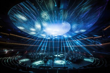concert hall with rotating light show and dance party atmosphere, created with generative ai