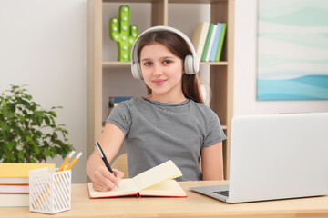 Cute girl using laptop and headphones at desk in room. Home workplace