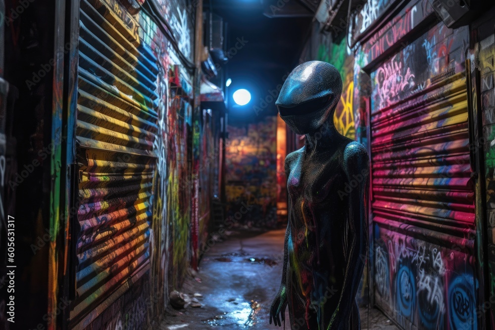 Sticker alien figure peeking out of dark alleyway, surrounded by vibrant graffiti, created with generative ai