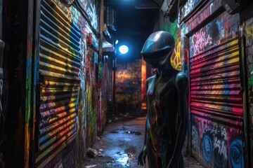 alien figure peeking out of dark alleyway, surrounded by vibrant graffiti, created with generative ai
