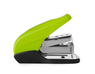 New bright green stapler isolated on white