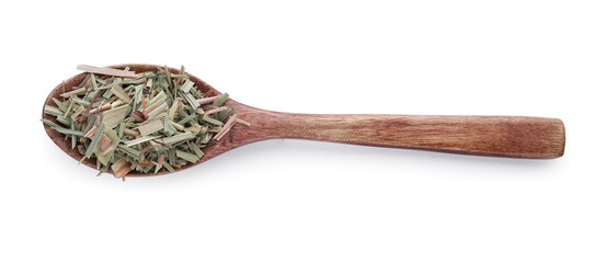 Wooden spoon of aromatic dried lemongrass isolated on white, top view