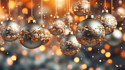 Fototapeta na wymiar golden festive new year background or card with Christmas tree decorations with bokeh. Generative AI
