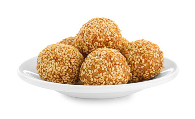 Plate of delicious sesame balls on white background