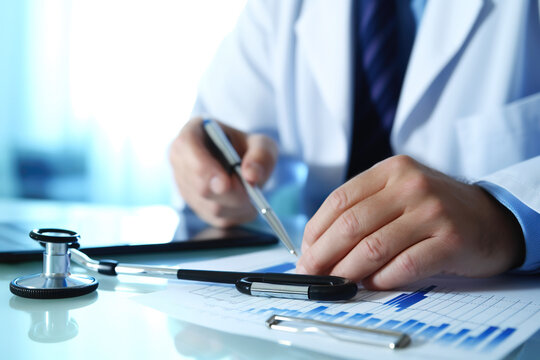 Medical doctor writing a report, documents, health and insurance concept, health care, stethoscope, modern office, generative ai