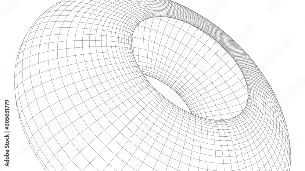 Poster Curved wireframe abstract tunnel. 3D vector wormhole with a mesh structure. Vortex. Vector perspective grid.