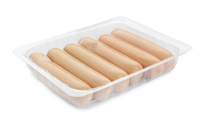 Plastic container with sausages isolated on white. Meat product