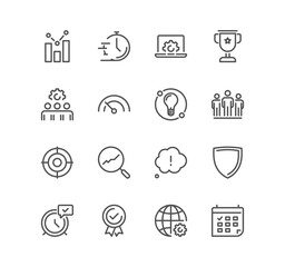 Set of seo and promotion related icons, data, market, analysis, feedback, optimization, target, website stats and linear variety vectors.