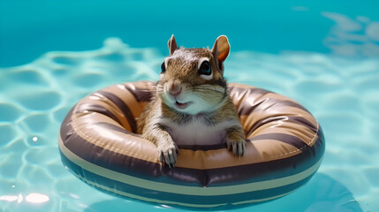 Funny Chipmunk relaxing in inflatable mattress in swimwing pool at resort. AI generative